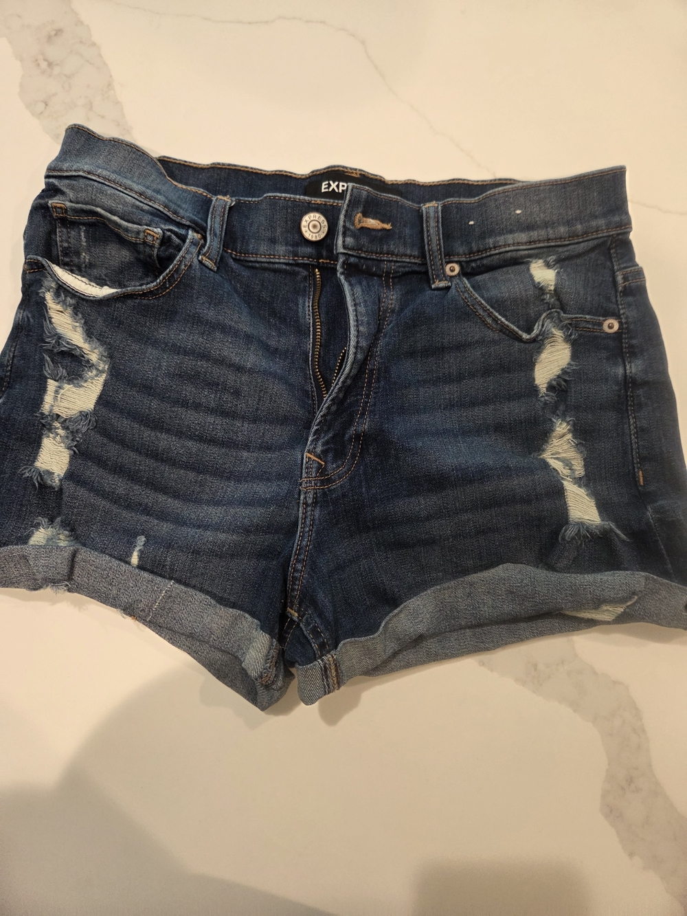 Express Medium Blue Distressed Rolled-Hem Jean Shorts